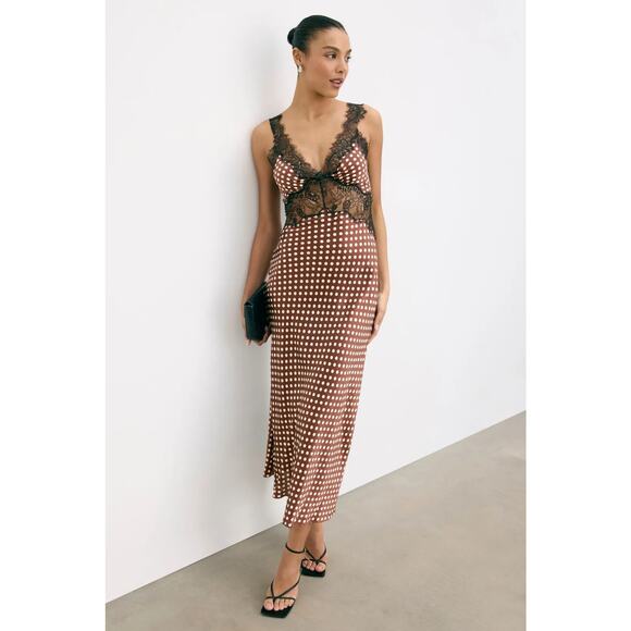 Ronny Kobo Dresses & Skirts - Ronny Kobo Holiday Dress Sleeveless V-Neck Lace Trim Midi Brown Polka Dot Medium